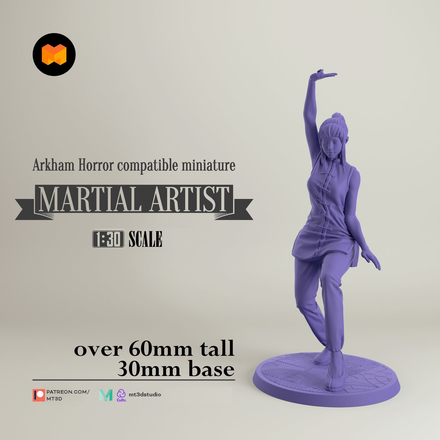 Image shows a 3D render of a 1920s era martial artist gaming miniature.