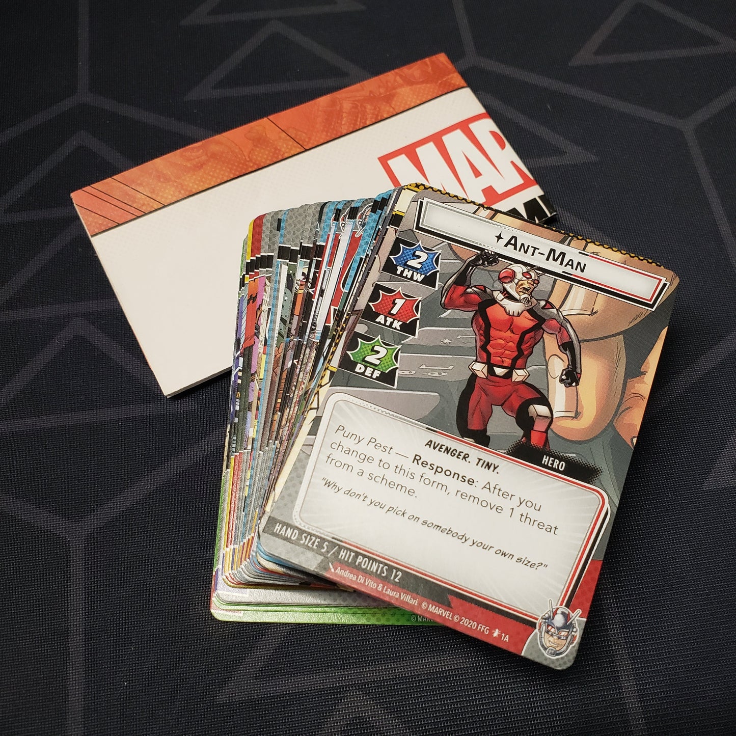 Image shows the cards & instruction sheet for the Ant-Man Hero Pack from the Marvel Champions card game