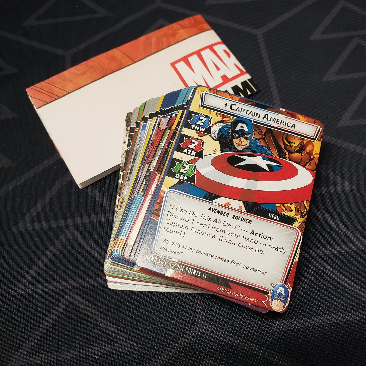 Image shows the cards & instruction sheet for the Captain America Hero Pack for the Marvel Champions card game