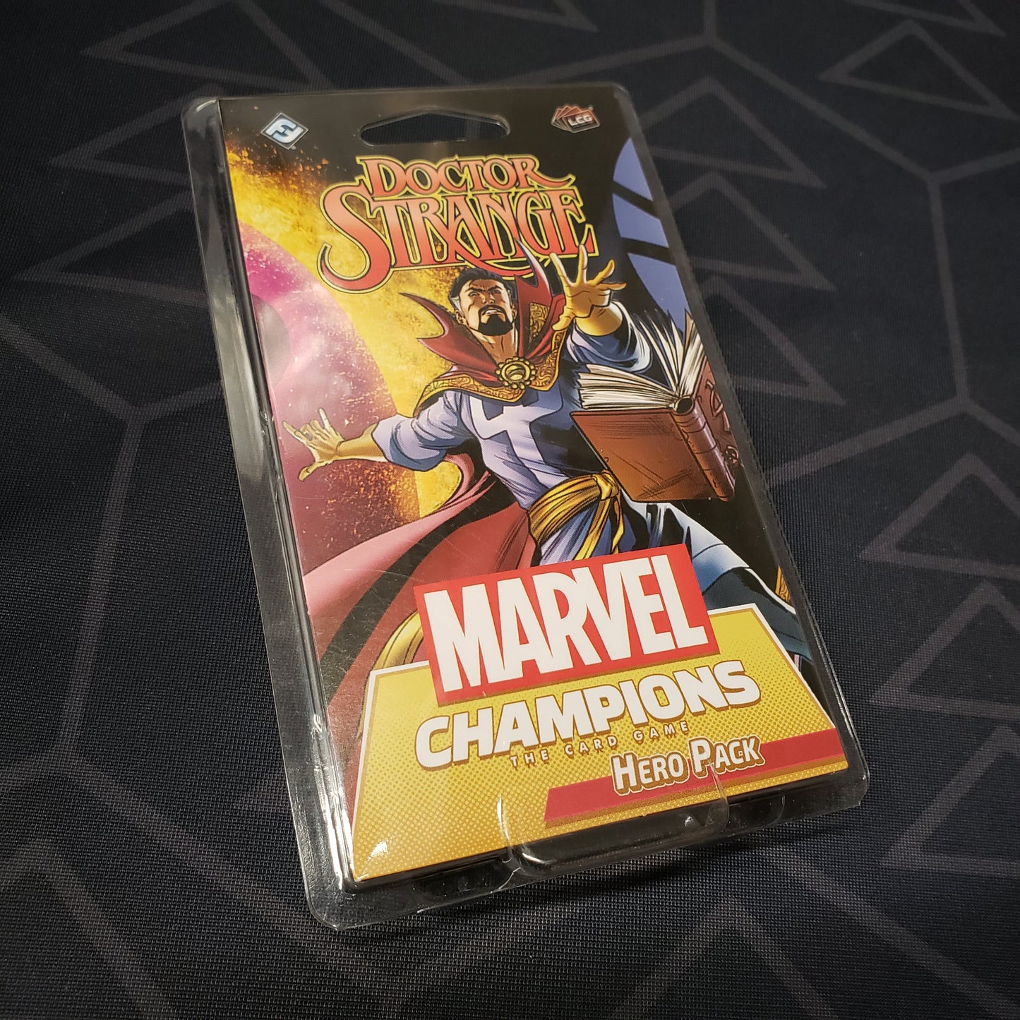 Image shows the front of the package for the Doctor Strange Hero Pack for the Marvel Champions card game