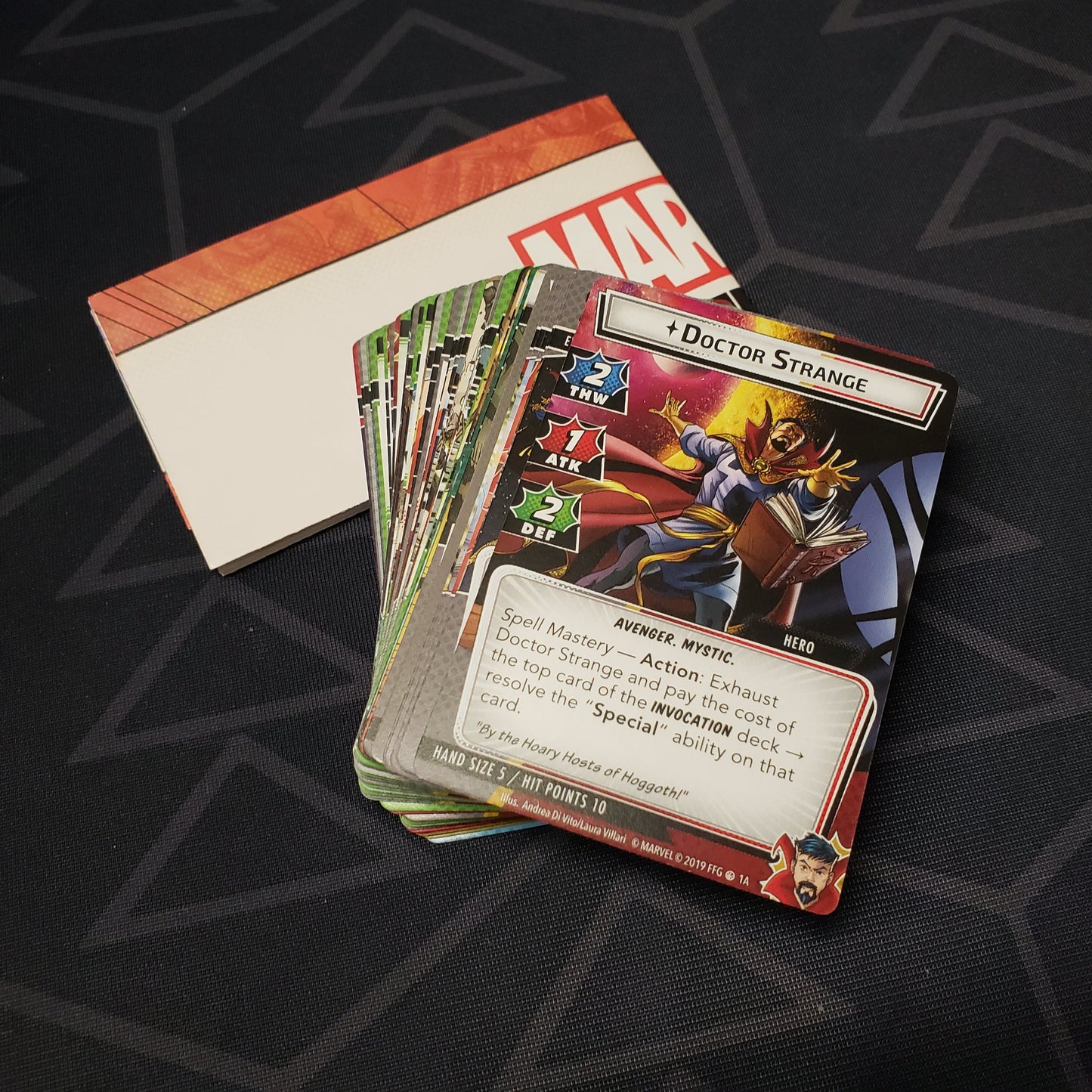 Image shows the cards & instruction sheet for the Doctor Strange Hero Pack for the Marvel Champions card game