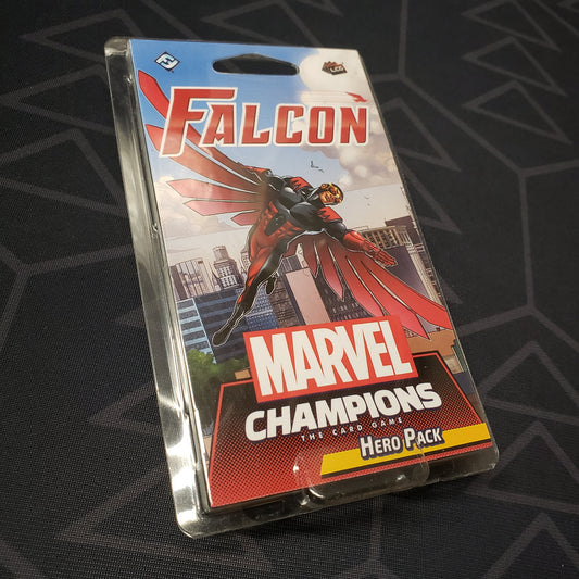 Image shows the front of the package of the Falcon Hero pack for the card game Marvel Champions