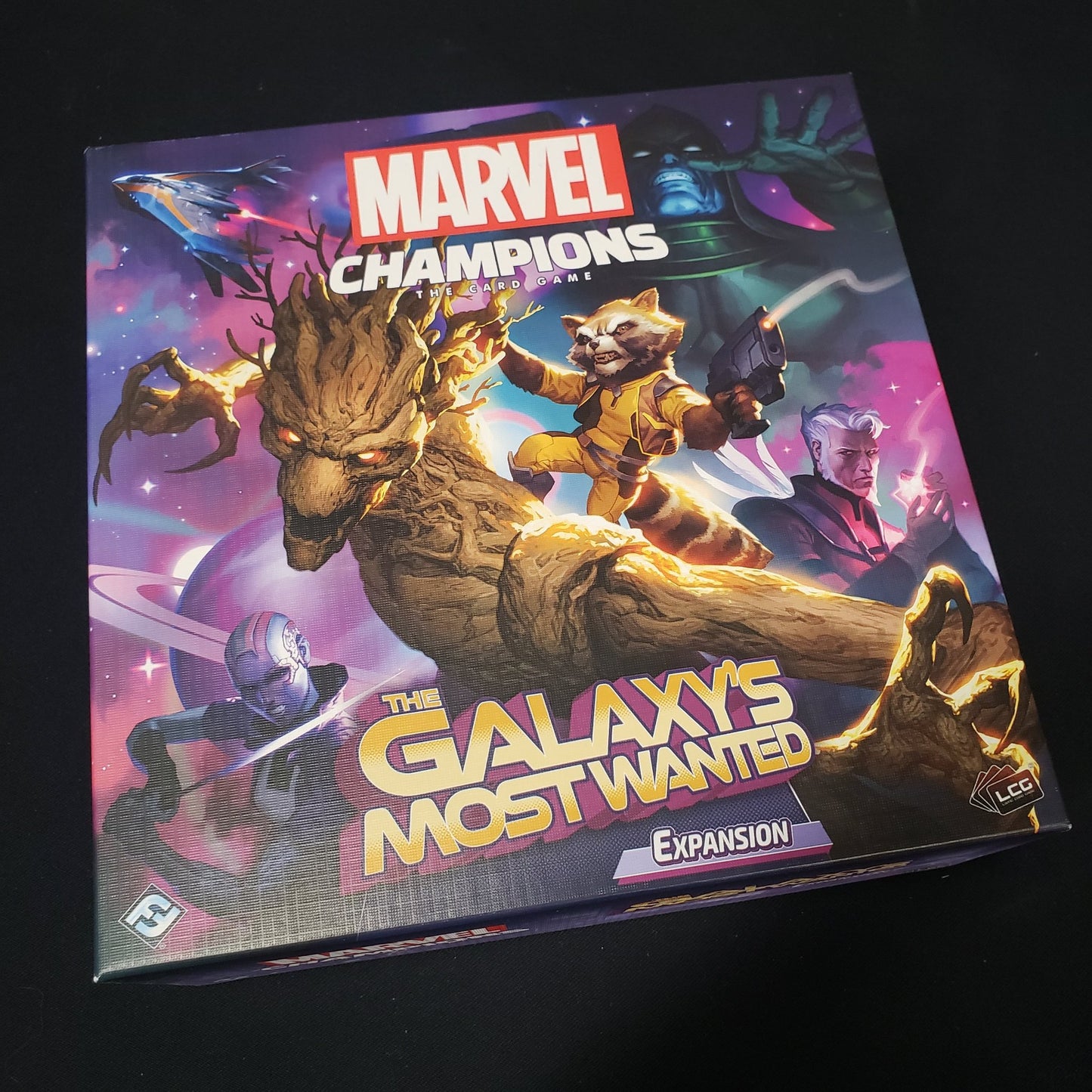 Image shows the front cover of the box of the Galaxy's Most Wanted expansion for the Marvel Champions card game