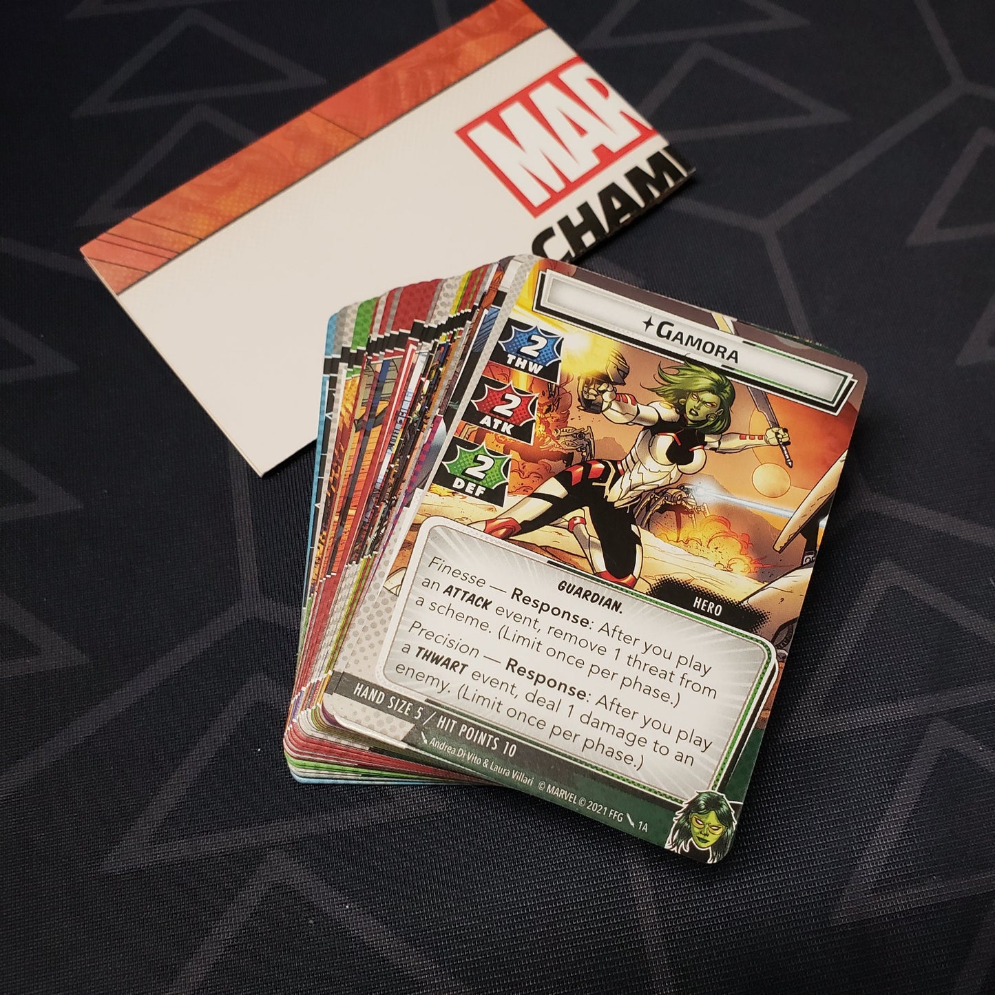Image shows the cards & instruction sheet for the Gamora Hero Pack for the Marvel Champions card game