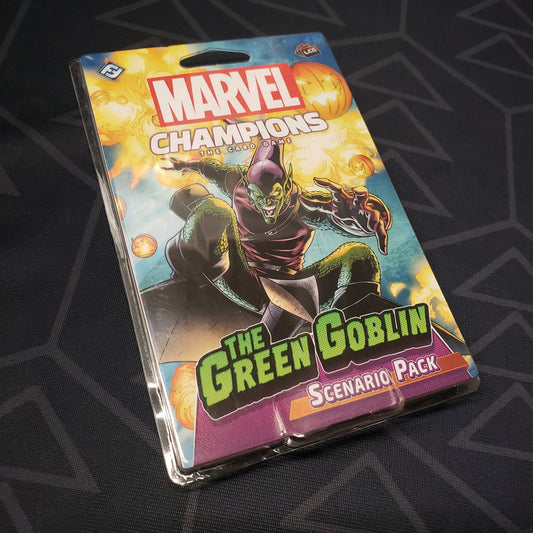 Image shows the front of the package for the Green Goblin Scenario Pack for the Marvel Champions card game