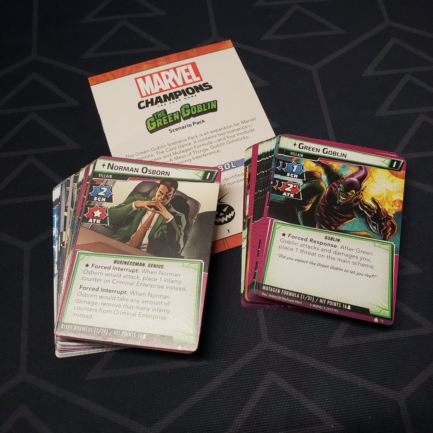 Image shows the cards & instruction sheet for the Green Goblin Scenario Pack for the Marvel Champions card game