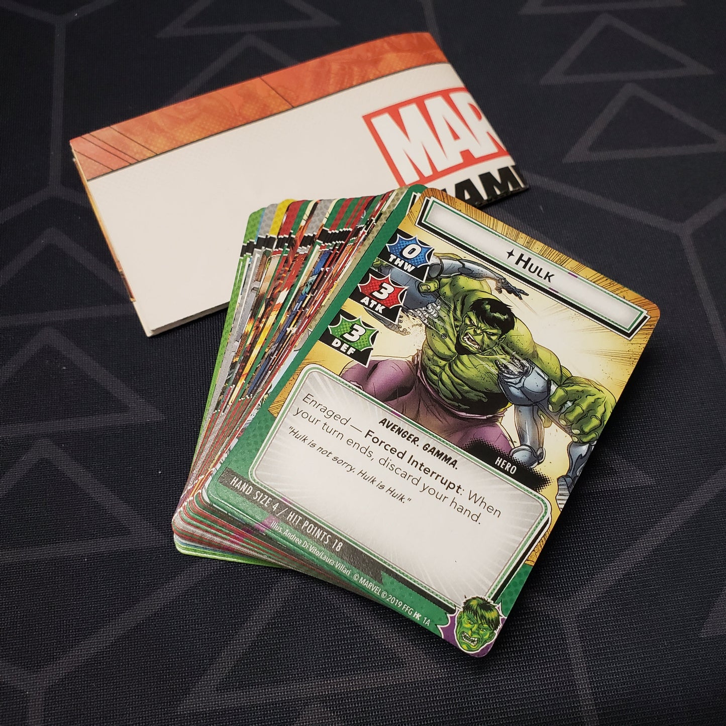 Image shows the cards & instruction sheet for the Hulk Hero Pack for the Marvel Champions card game