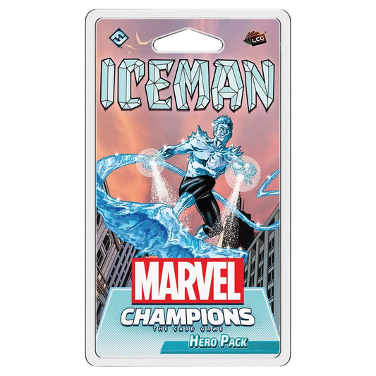 Image shows the front of the package for the Iceman Hero Pack for the Marvel Champions card game