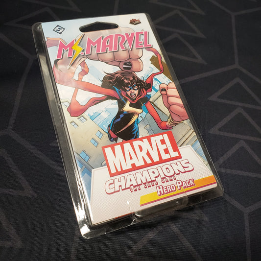 Image shows the front of the package for the Ms. Marvel Hero Pack for the Marvel Champions card game