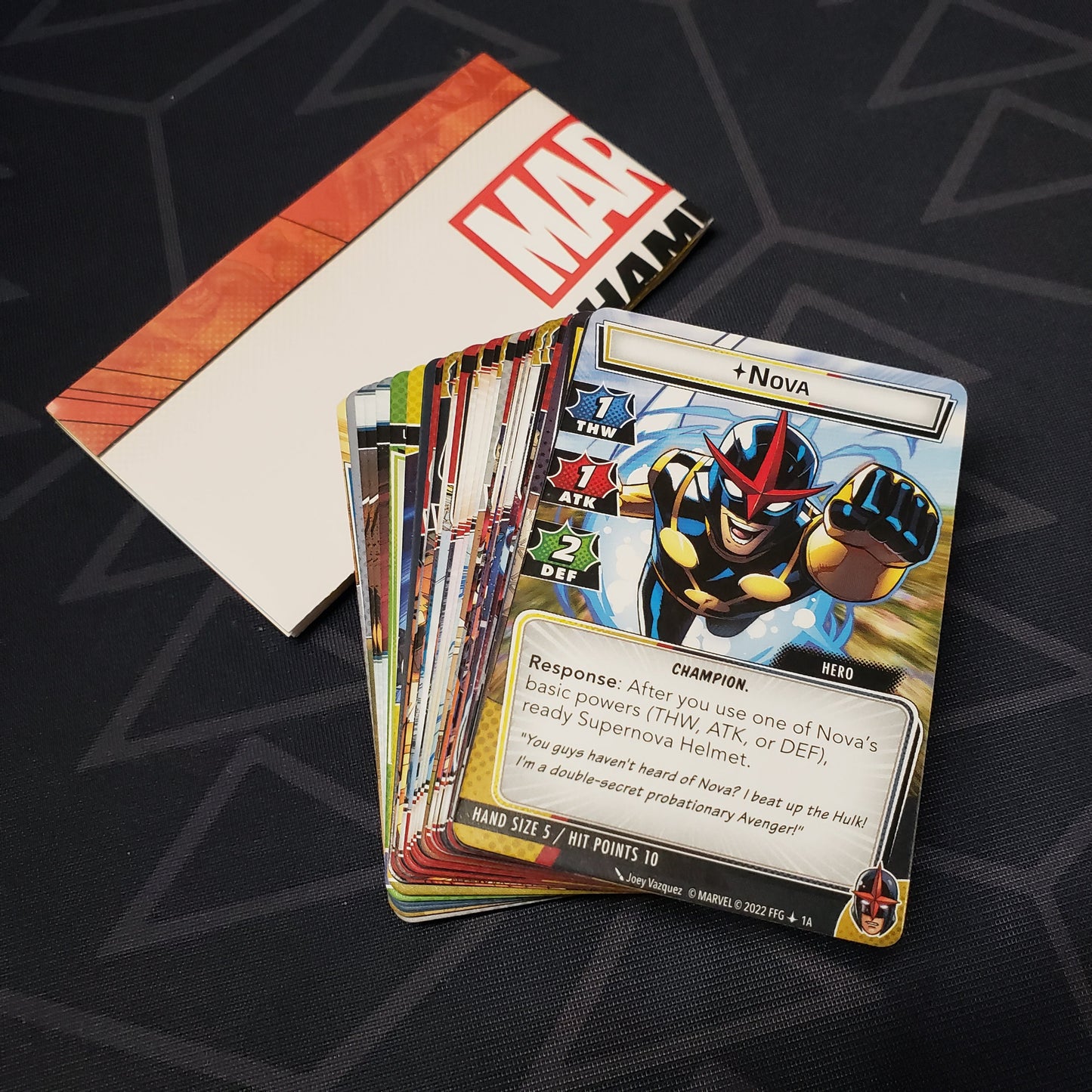 Image shows the cards & instruction sheet for the Nova Hero Pack for the Marvel Champions card game