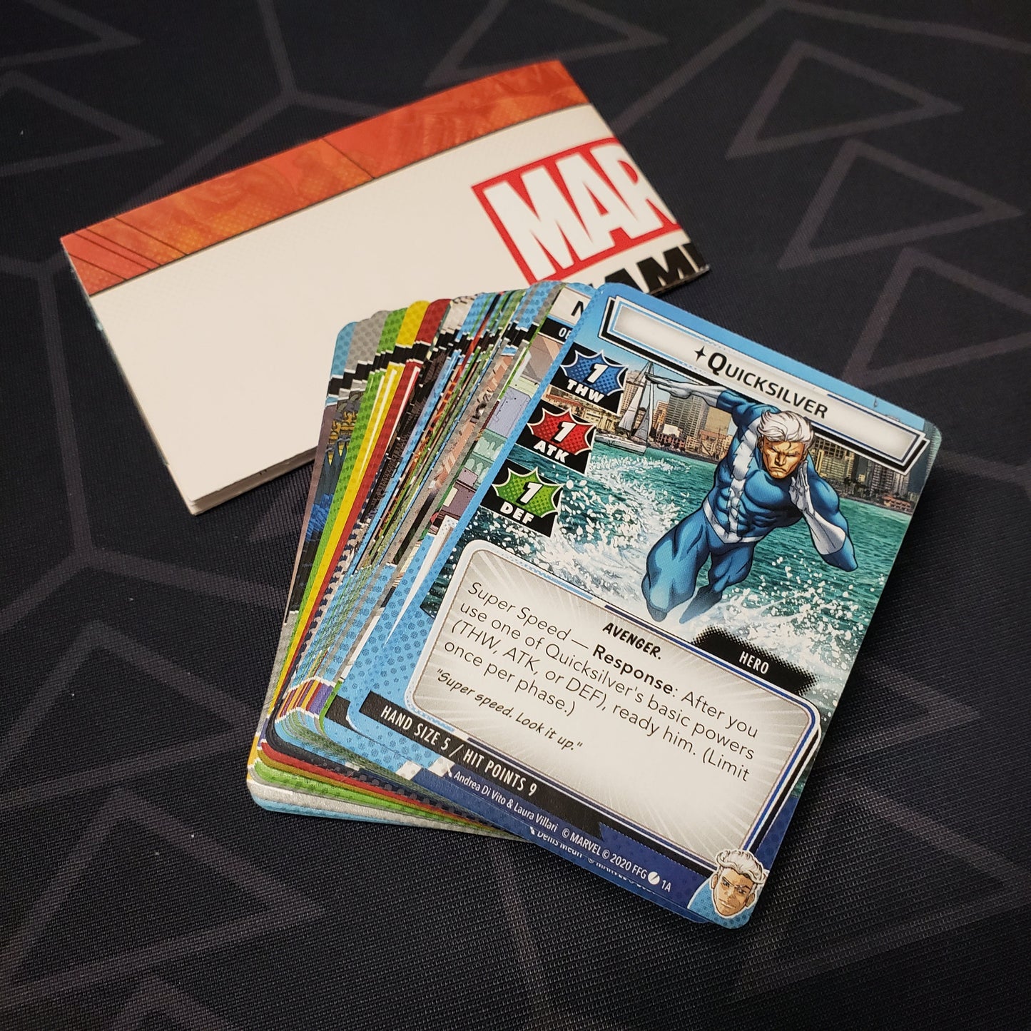 Image shows the cards & instruction sheet for the Quicksilver Hero Pack for the Marvel Champions card game