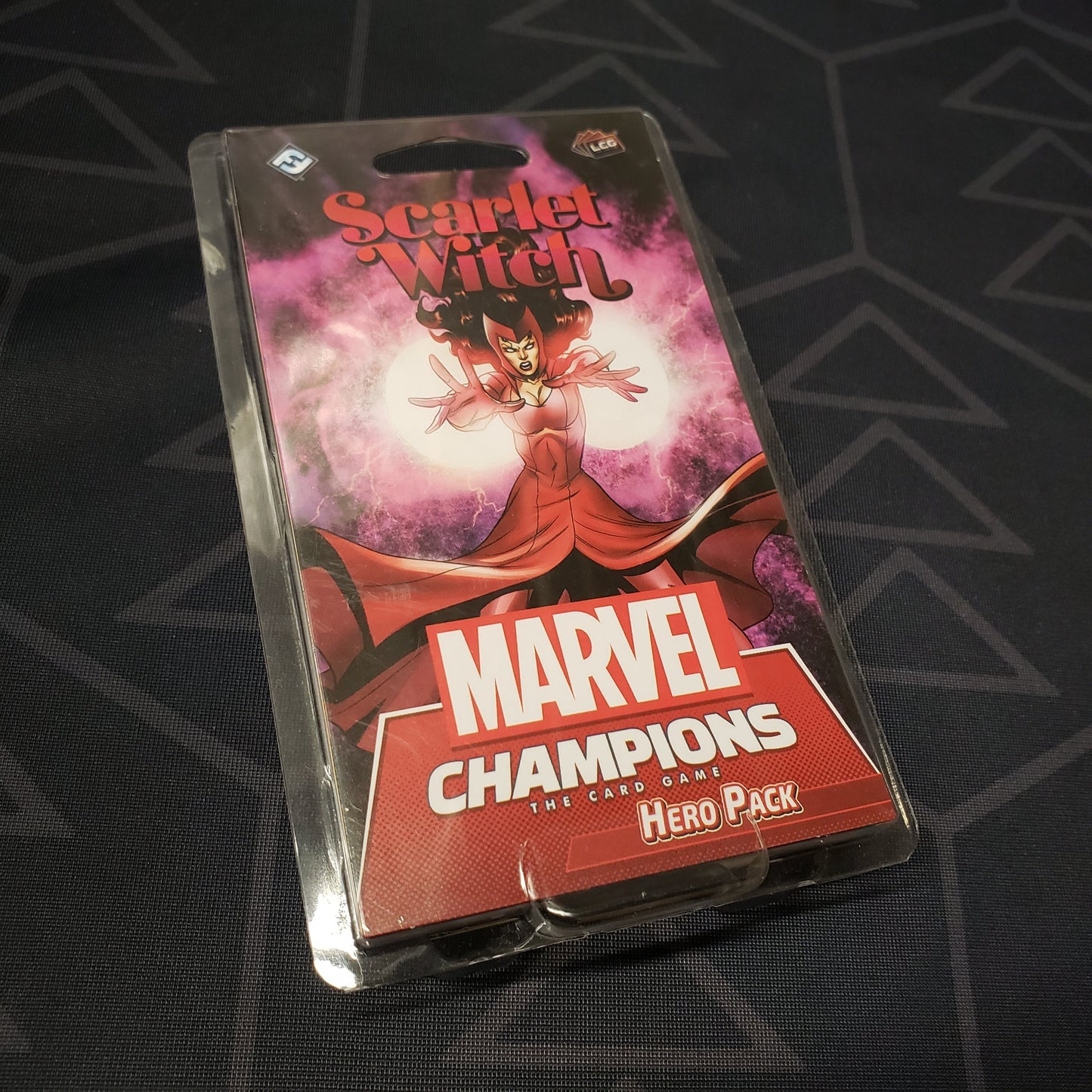 Image shows the front of the package for the Scarlet Witch Hero Pack for the Marvel Champions card game