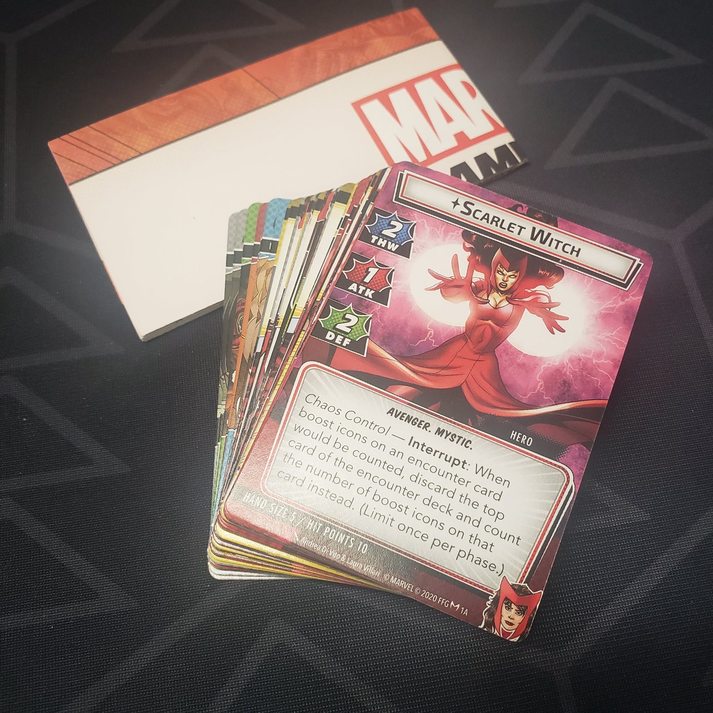 Image shows the cards & instruction sheet for the Scarlet Witch Hero Pack for the Marvel Champions card game