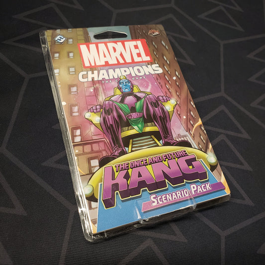 Image shows the front of the package for the Once and Future Kang Scenario Pack for the Marvel Champions card game