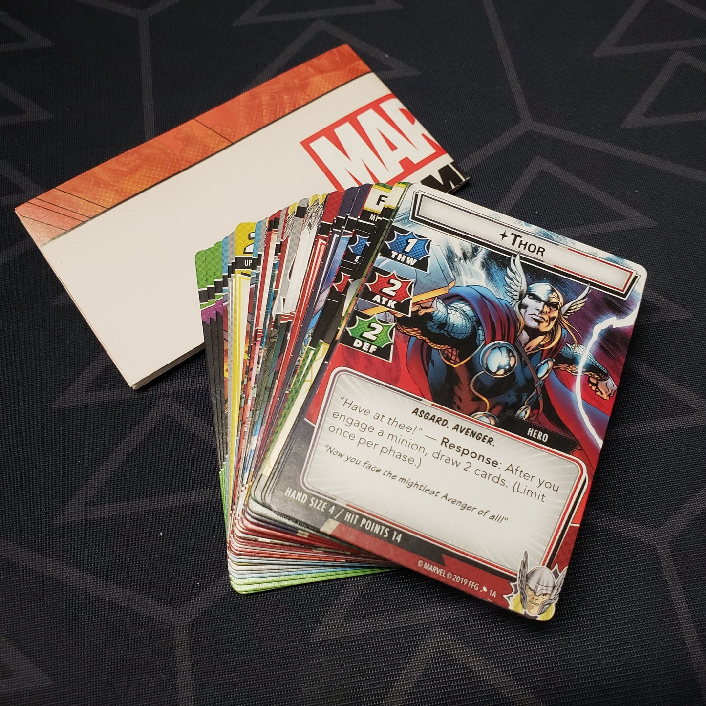 Image shows the cards & instruction sheet for the Thor Hero Pack from the Marvel Champions card game