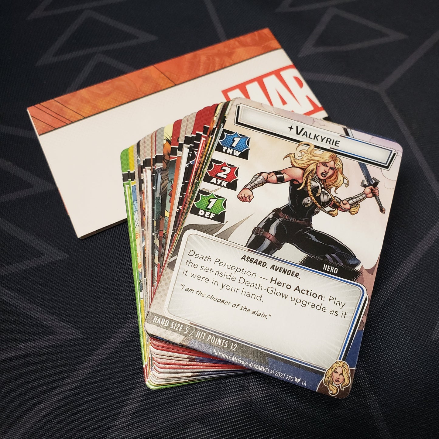 Image shows the cards & instruction sheet for the Valkyrie Hero Pack from the marvel Champions Card Game