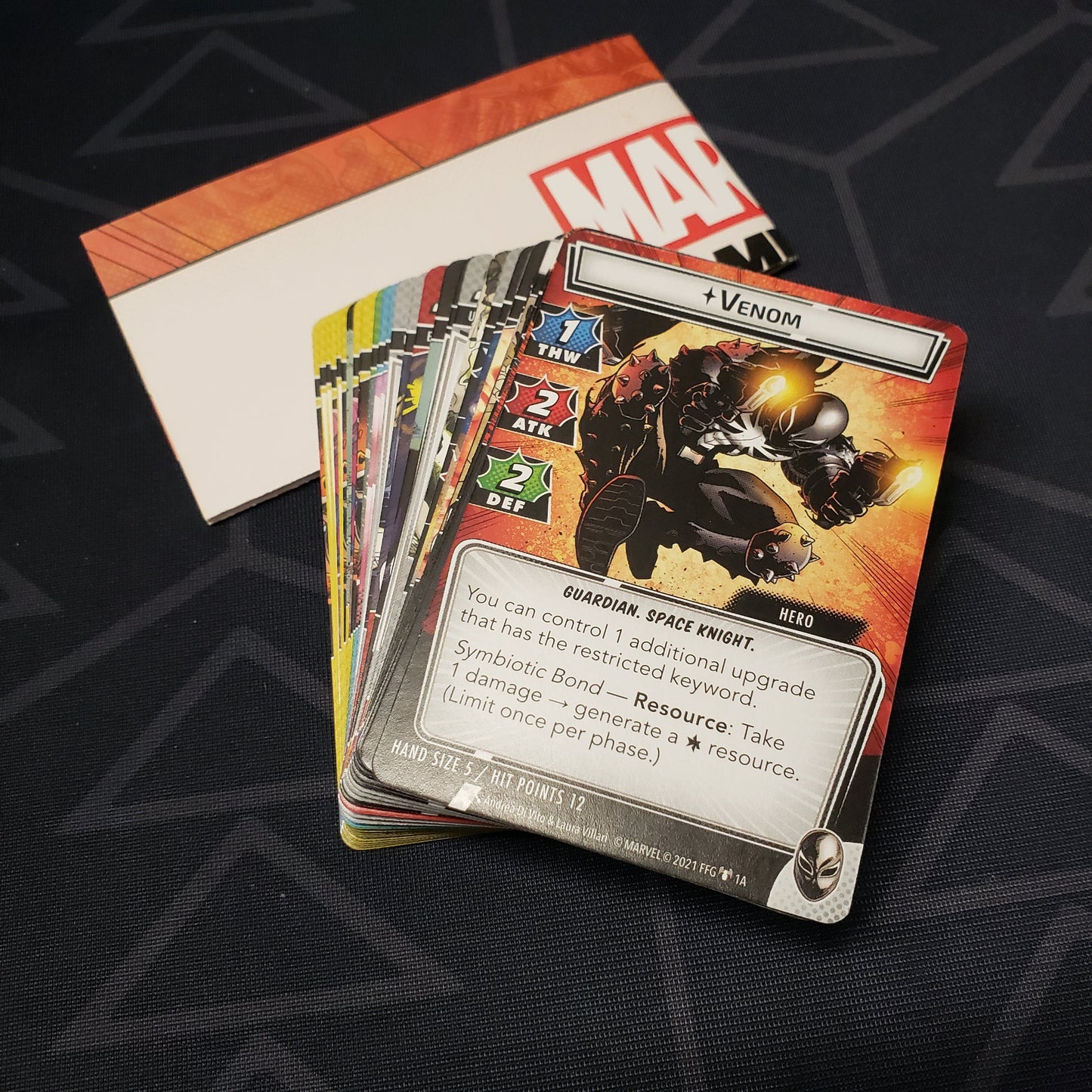 Image shows the cards & instruction sheet for the Venom Hero Pack from the Marvel Champions card game