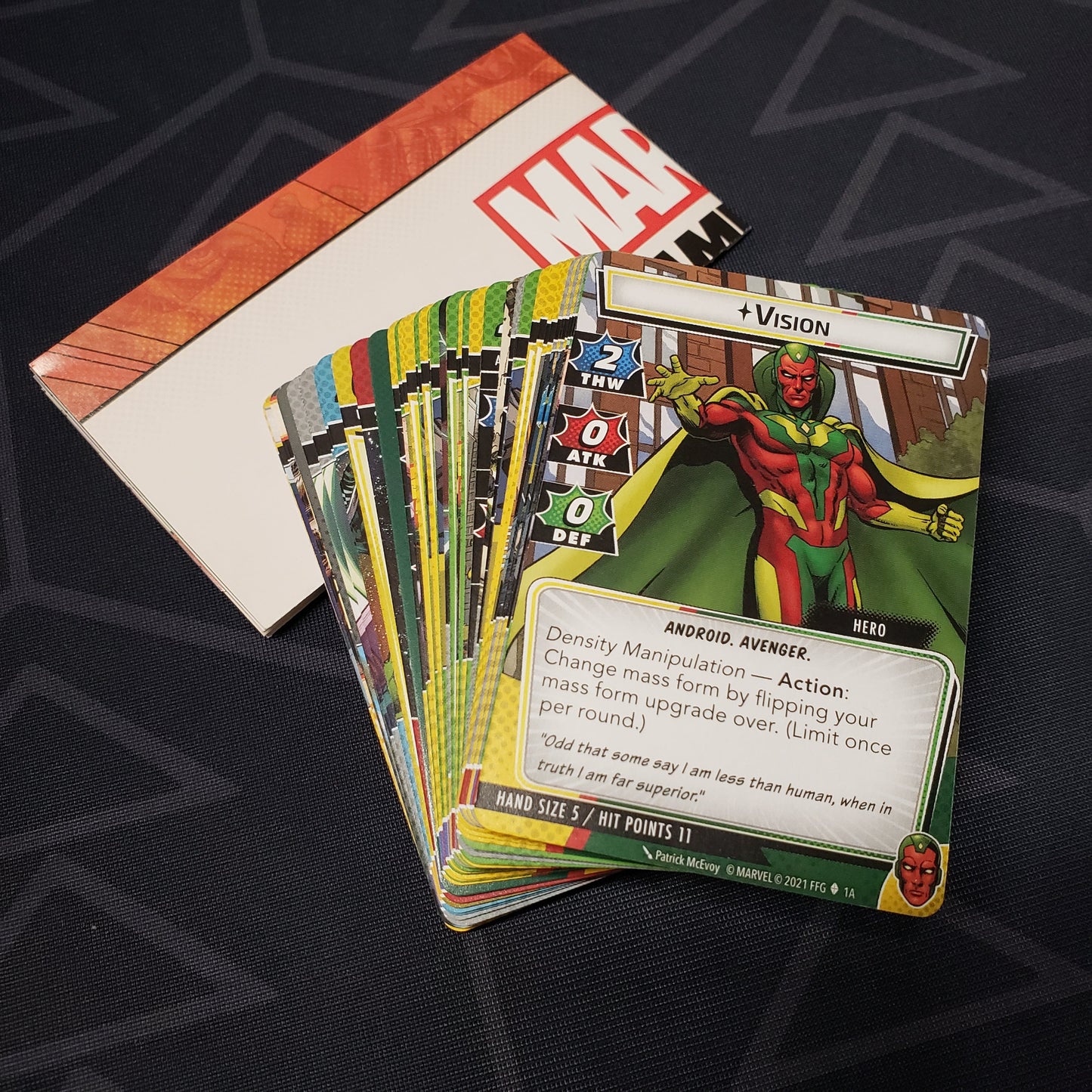 Image shows the cards & instruction sheet for the Vision Hero Pack from the Marvel Champions Card Game