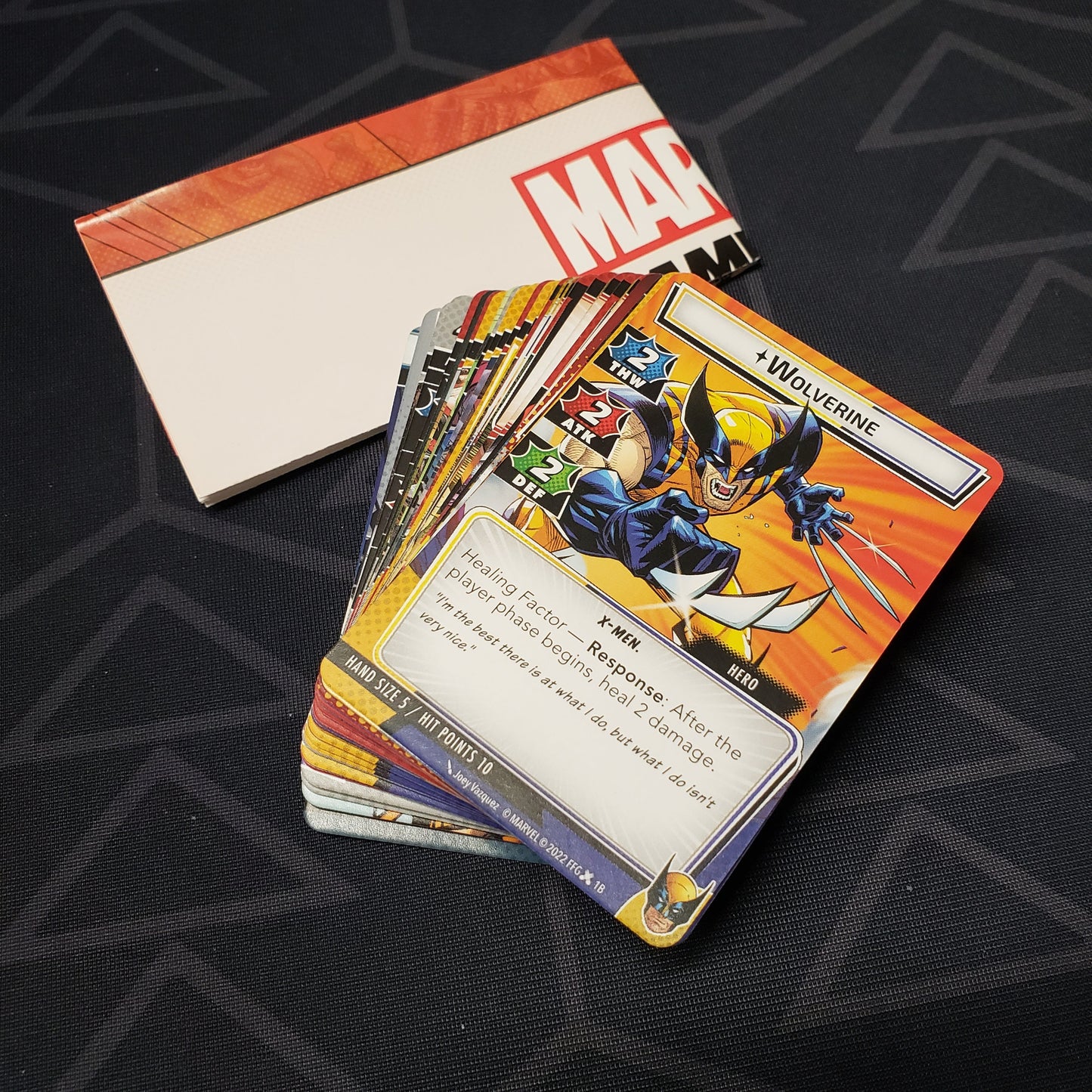 Image shows the cards & instruction sheet for the Wolverine Hero Pack from the Marvel Champions card game