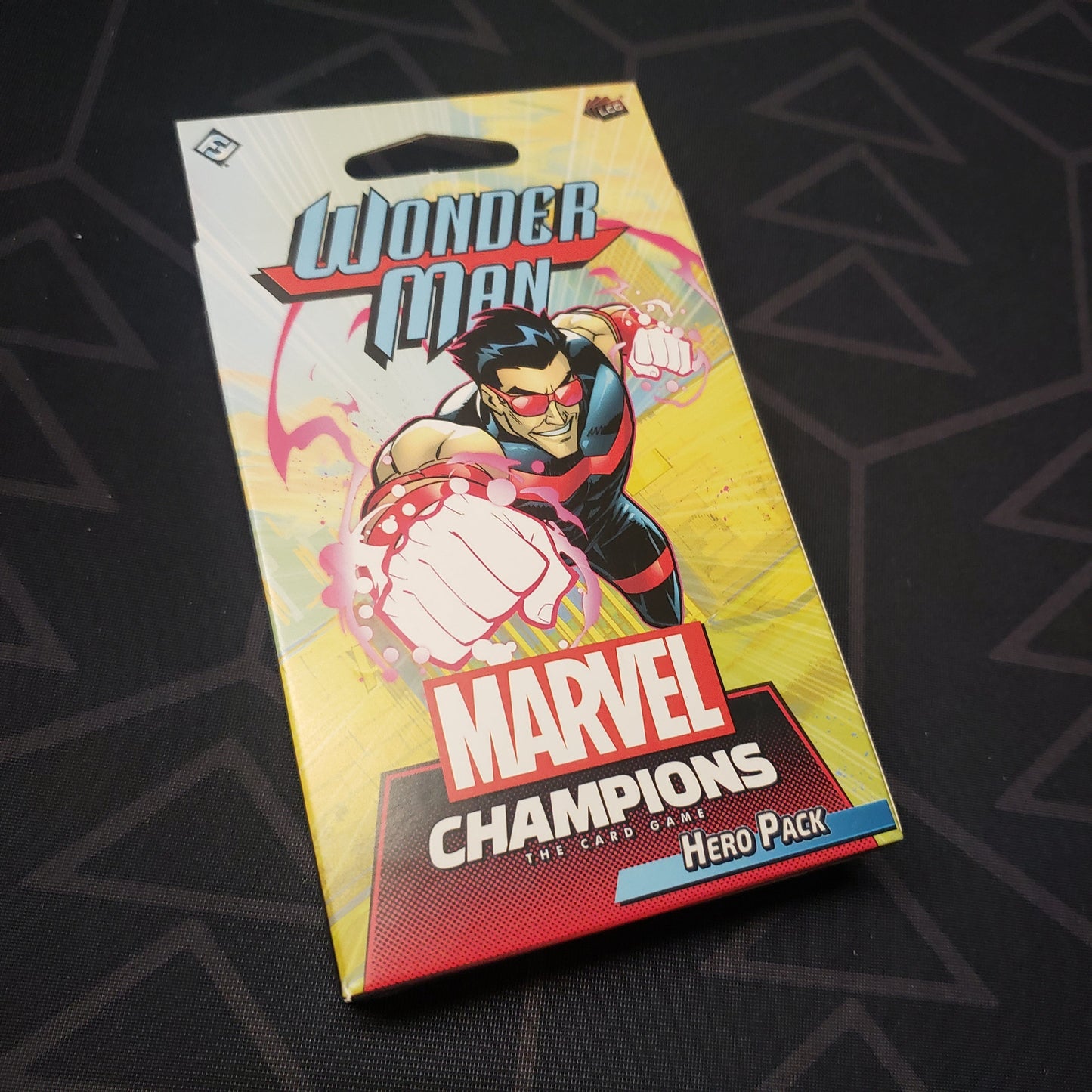 Image shows the front of the package of the Wonder Man Hero pack for the card game Marvel Champions