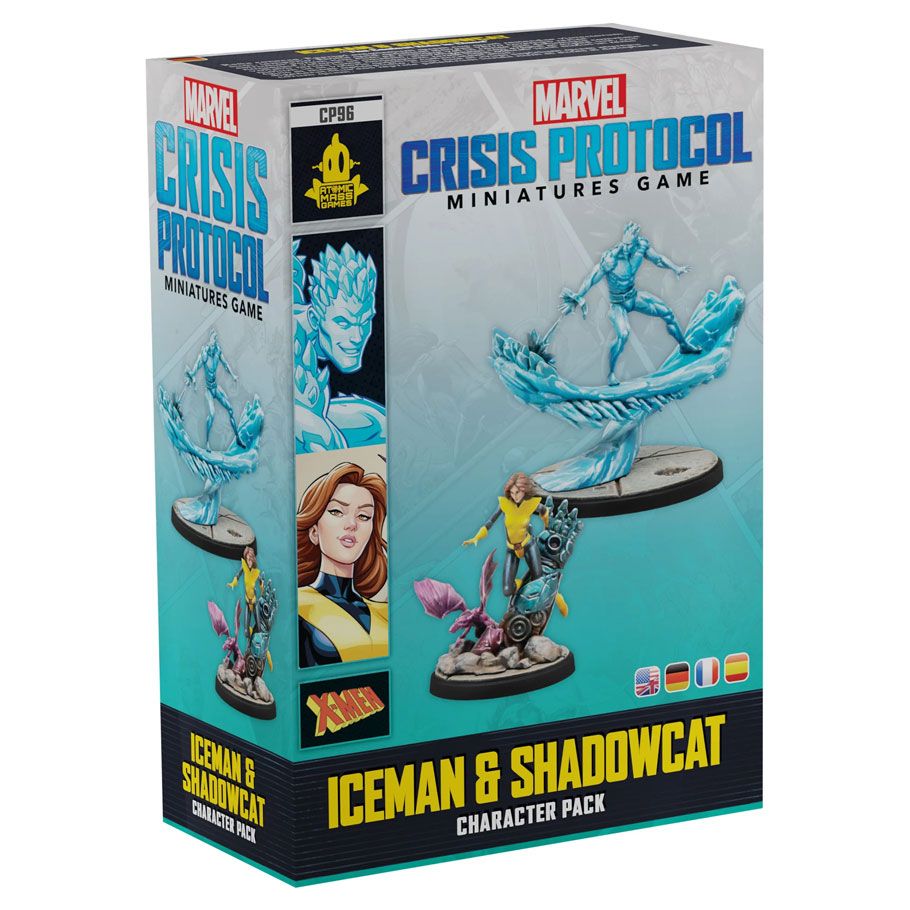Image shows the front of the package for the Iceman & Shadowcat character pack for the Marvel Crisis Protocol miniatures game