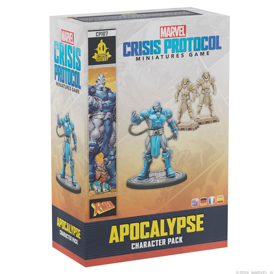 Image shows the front of the box of the Apocalypse character pack for the Marvel Crisis Protocol miniatures game