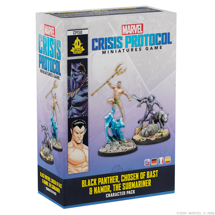 Image shows the front of the package for the Black Panther, Chosen of Bast & Namor the Submariner character pack for the Marvel Crisis Protocol miniatures game