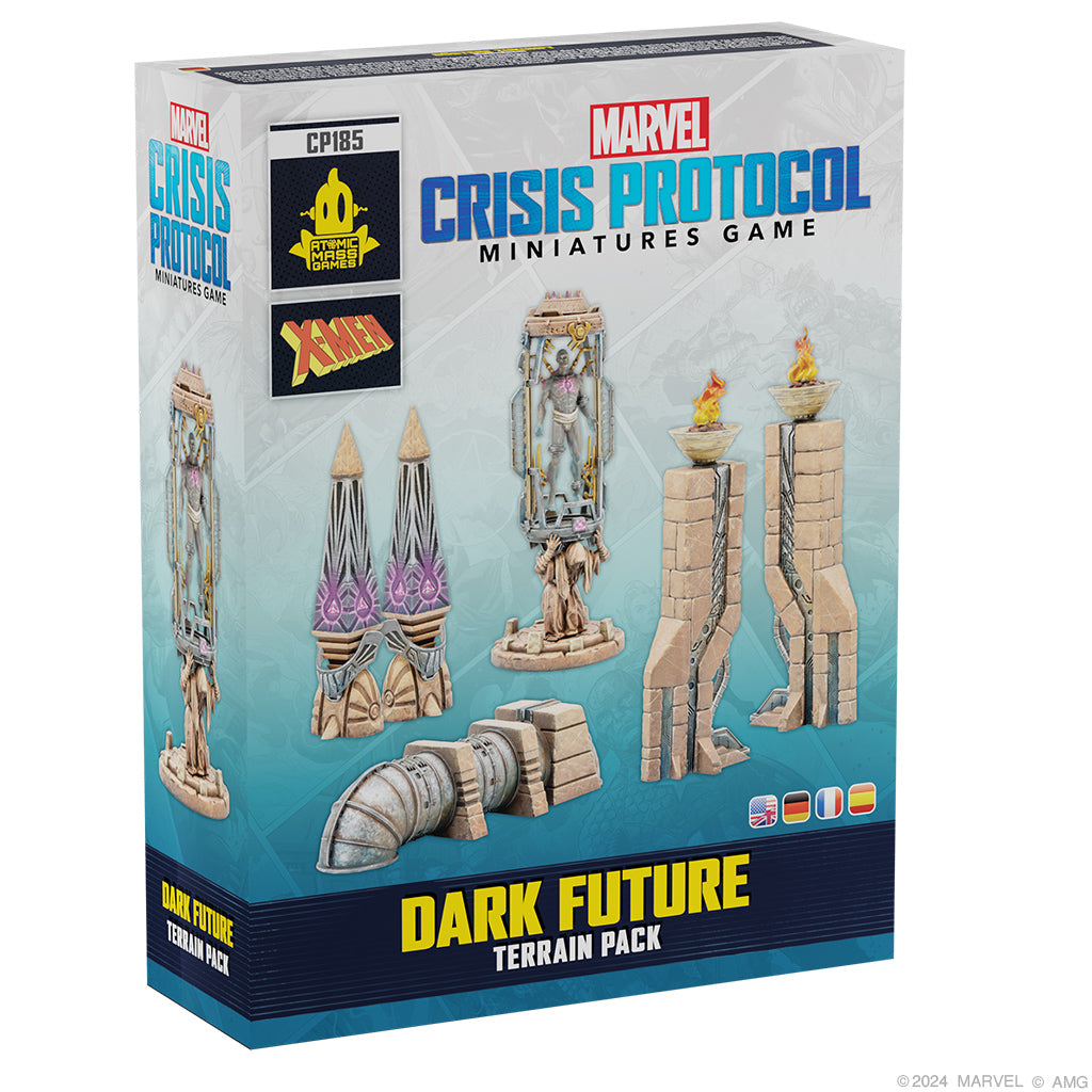 Image shows the front of the box of the Dark Future terrain pack for the Marvel Crisis Protocol miniatures game