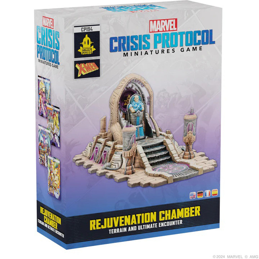 Image shows the front of the box of the Rejuvenation Chamber Terrain & Ultimate Encounter pack for the Marvel Crisis Protocol miniatures game