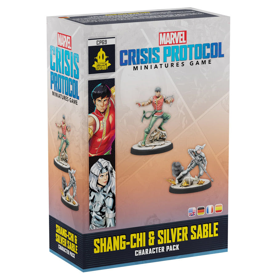 Image shows the front of the package for the Shang-Chi & Silver Sable character pack for the Marvel Crisis Protocol miniatures game