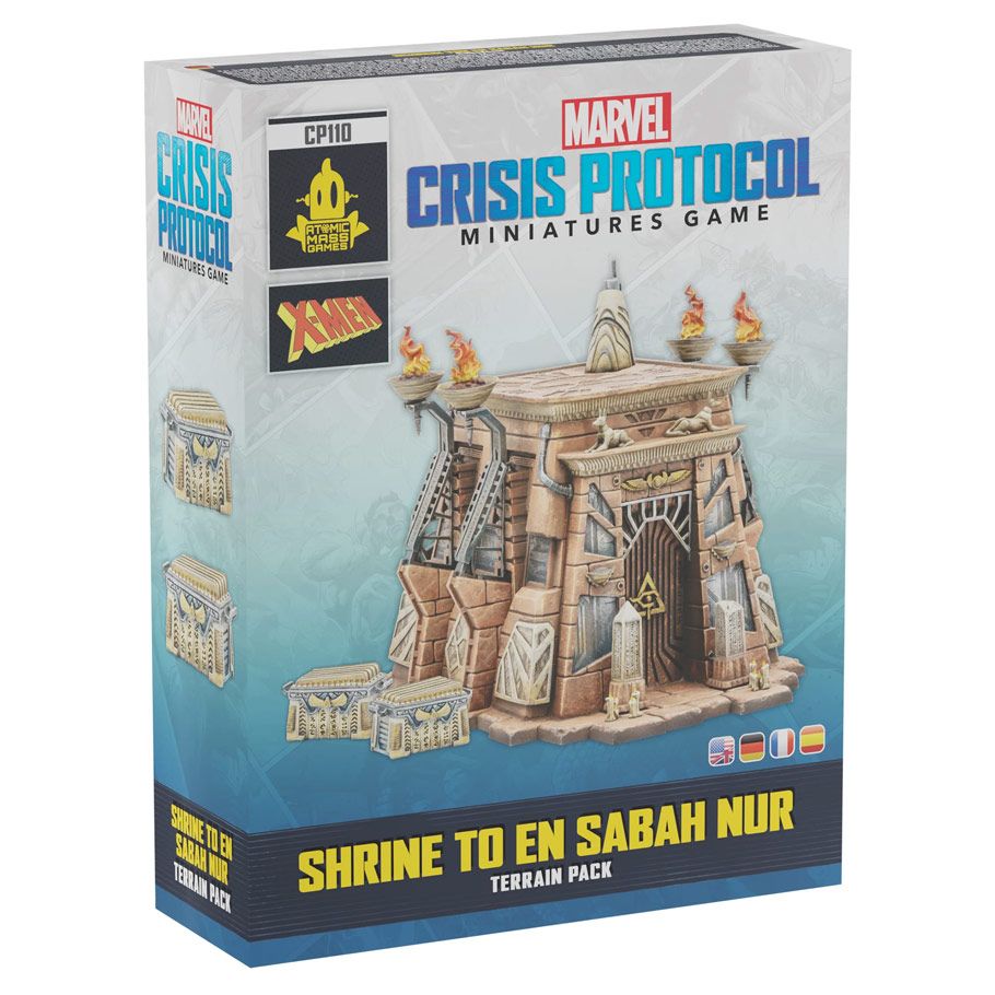 Image shows the front of the box of the Shrine to En Sabah Nur terrain pack for the Marvel Crisis Protocol miniatures game