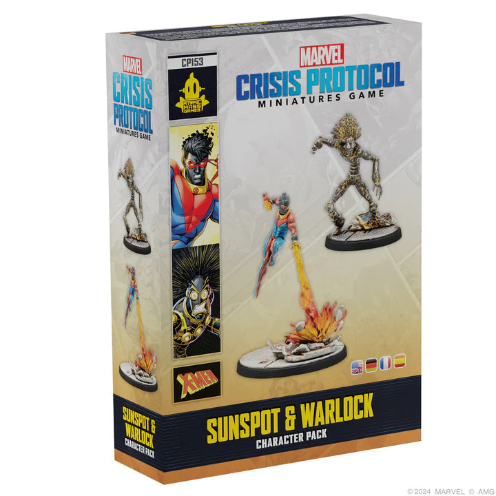 Image shows the front of the box of the Sunspot & Warlock character pack for the Marvel Crisis Protocol miniatures game