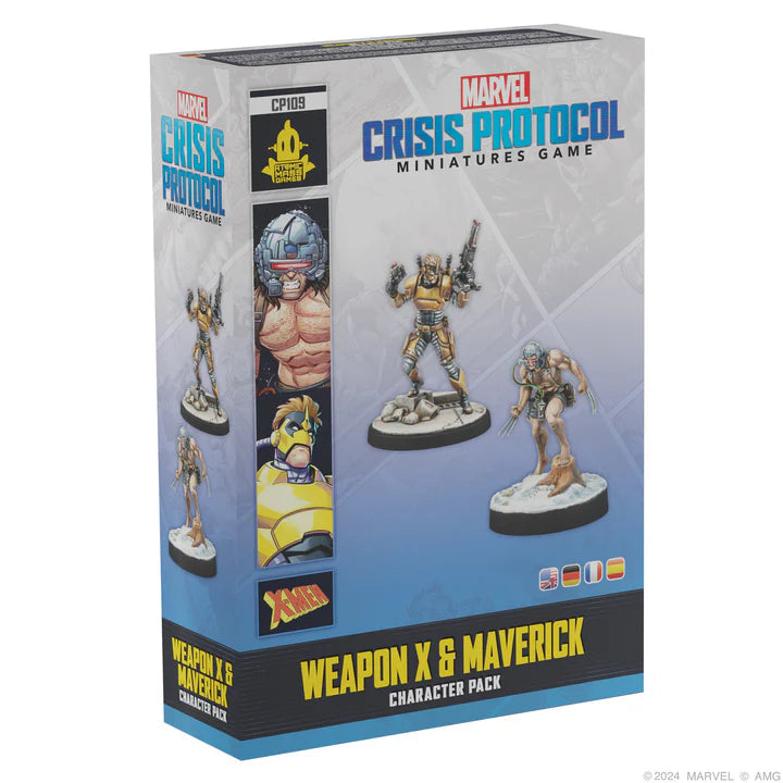 Image shows the front of the box of the Weapon X & Maverick character pack for the Marvel Crisis Protocol miniatures game