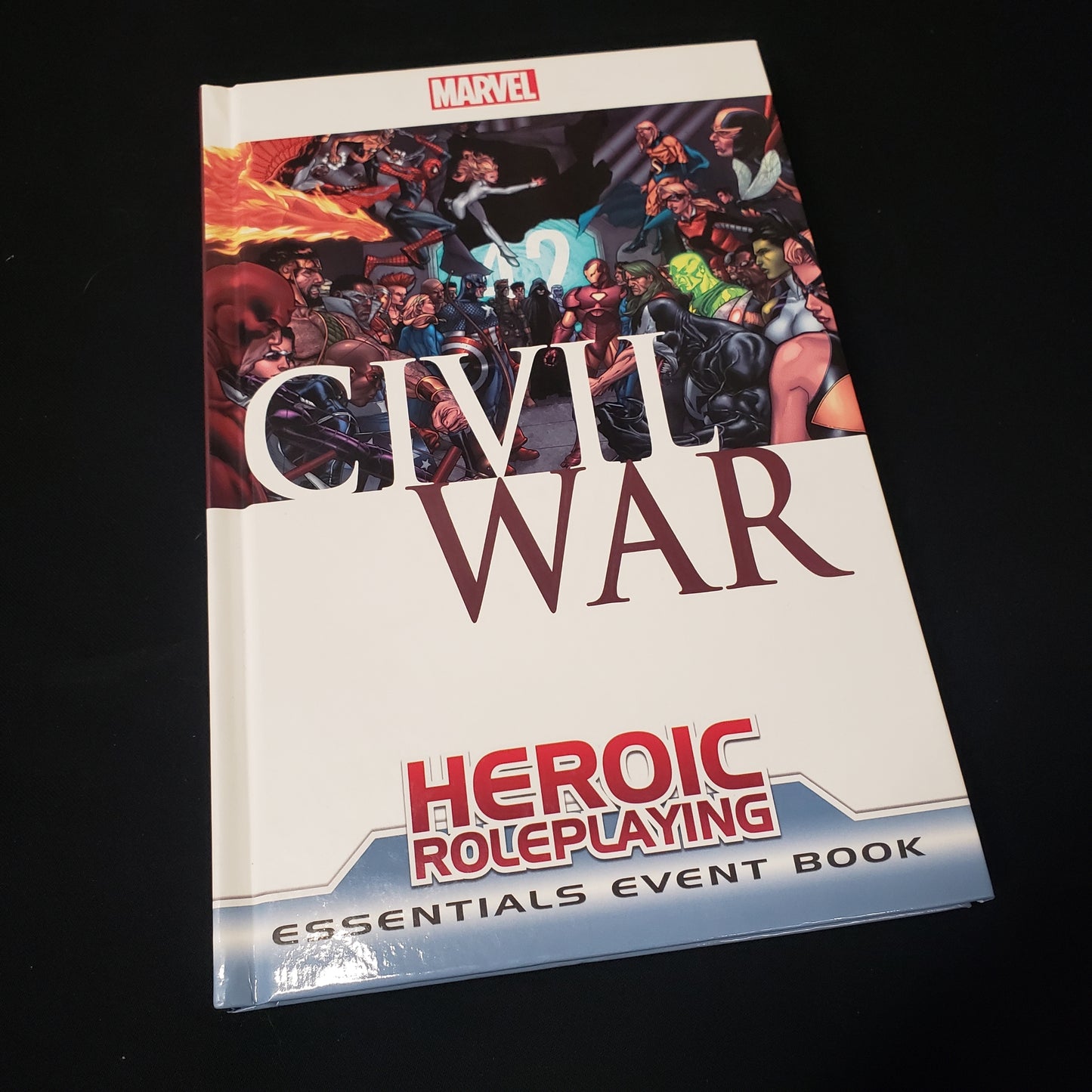 Image shows the front cover of the Civil War Event book for the Marvel Heroic Roleplaying game