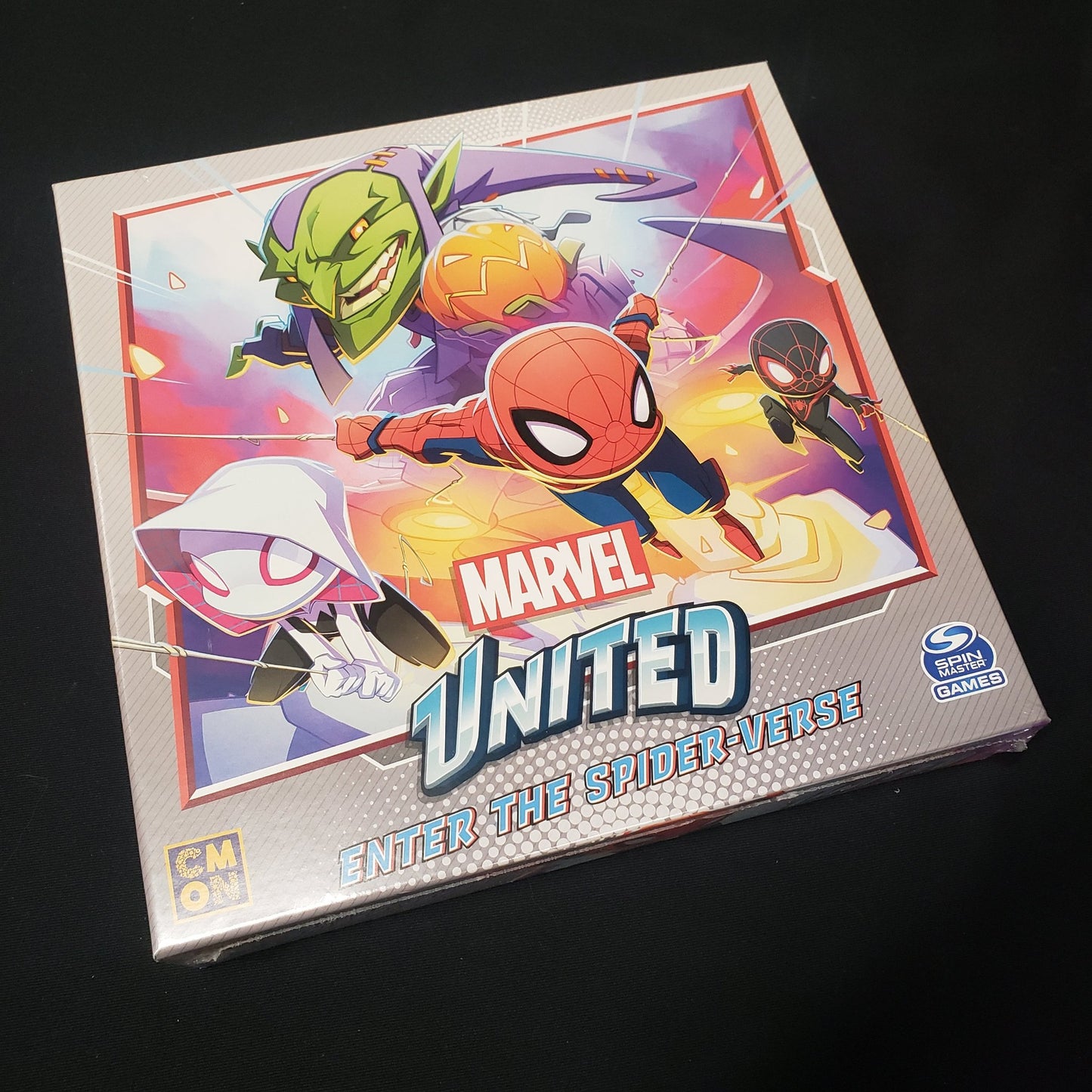 Image shows the front cover of the box for the Enter the Spider-verse expansion for the board game Marvel United