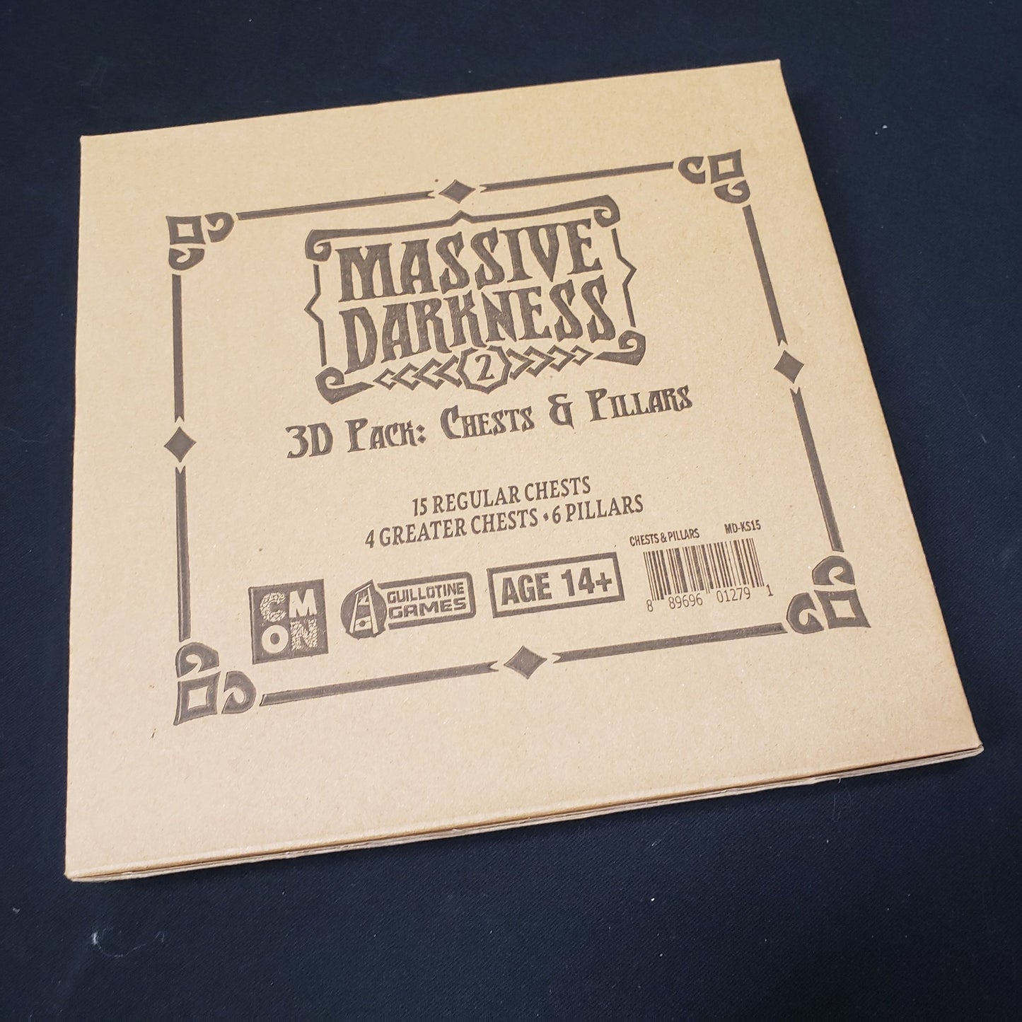 Image shows the front cover of the box of the Chests & Pillars 3D Pack for the board game Massive Darkness 2: Hellscape