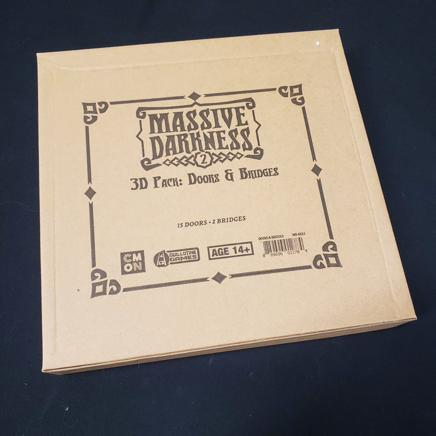 Image shows the front cover of the box of the Doors & Bridges 3D pack for the board game Massive Darkness 2: Hellscape