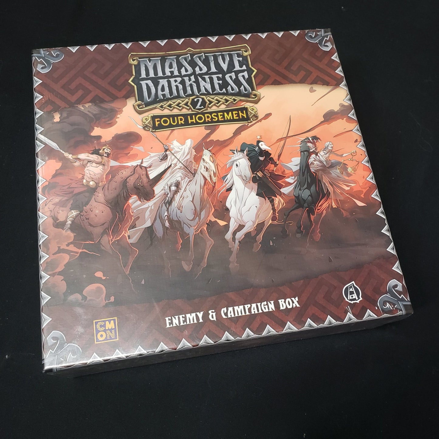 Image shows the front cover of the box of the Four Horsemen Enemy & Campaign Box expansion for the board game Massive Darkness 2: Hellscape