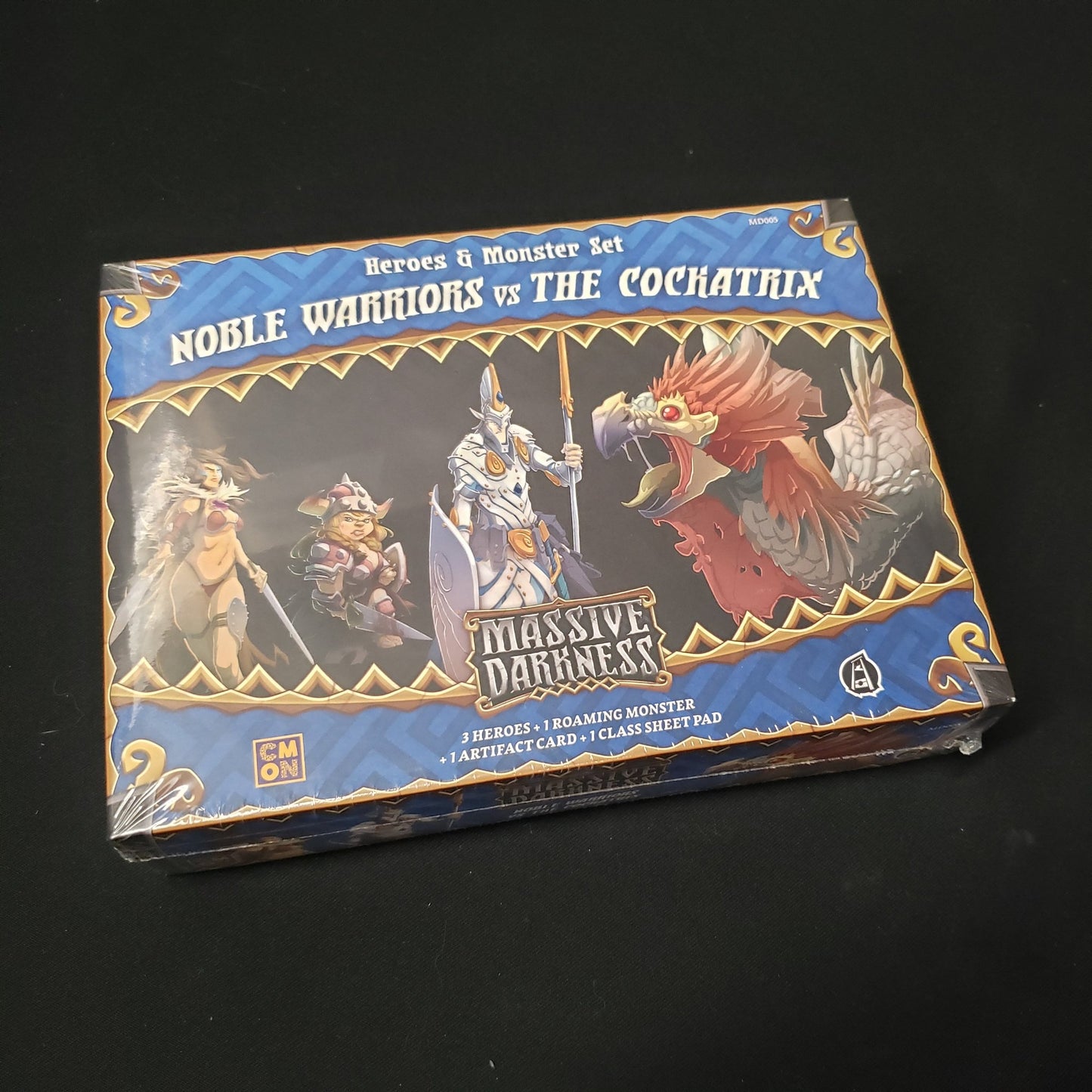 Image shows the front cover of the box of the Noble Warriors vs the Cockatrix expansion for the board game Massive Darkness