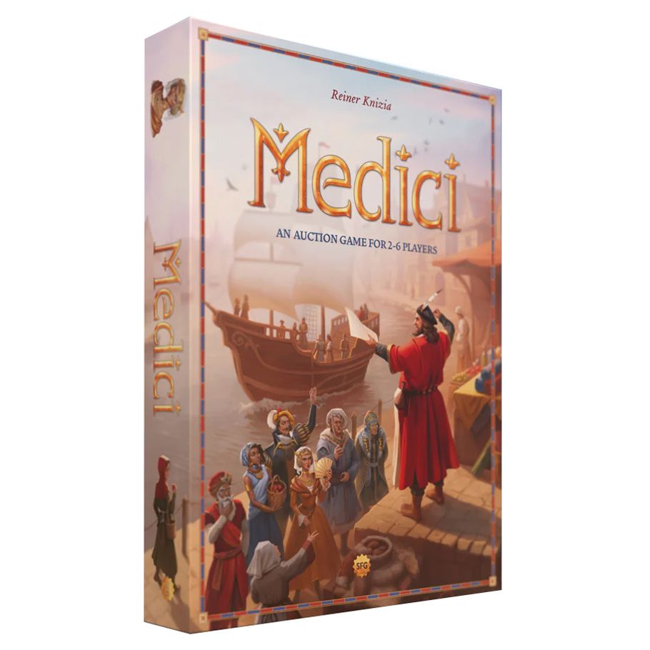 Image shows the front cover of the box of the Medici board game