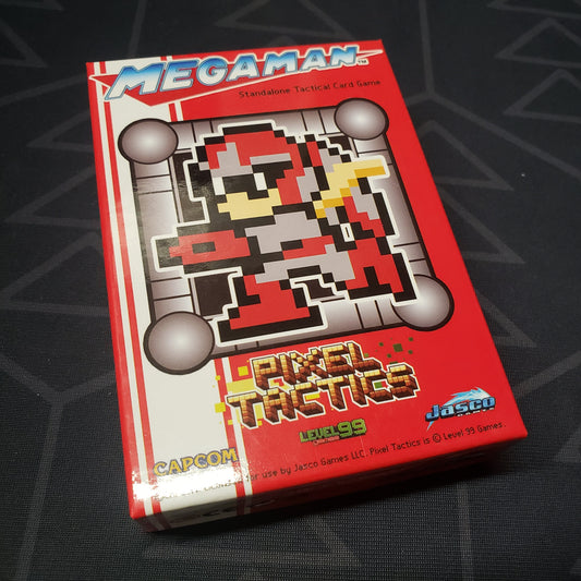 Image shows the front cover of the box for the Mega Man Pixel Tactics: Proto Man Red card game