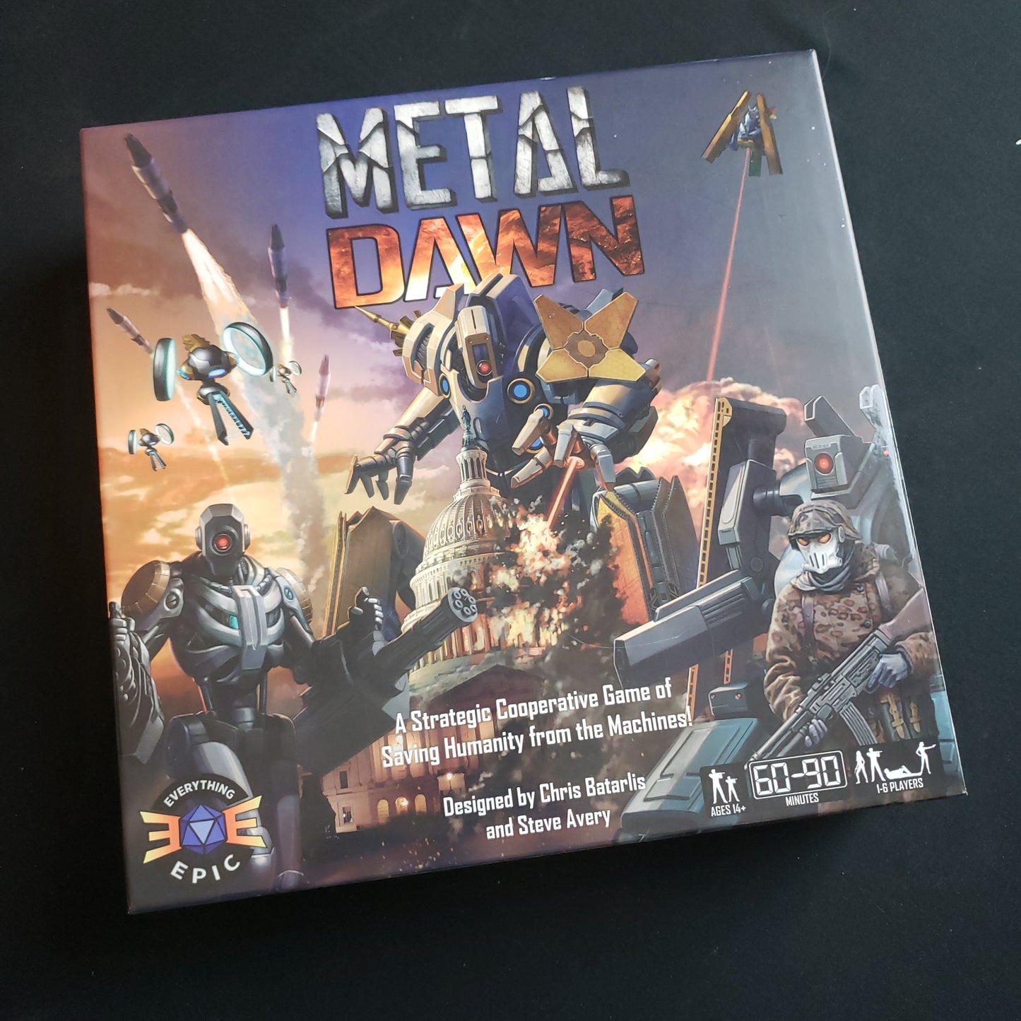 Image shows the front cover of the box of the Metal Dawn board game