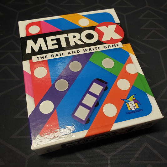 Image shows the front cover of the box for the Metro X board game