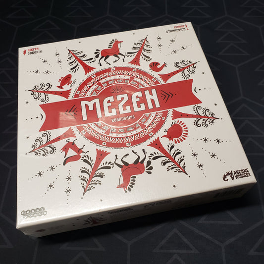 Image shows the front cover of the box of the Mezen board game