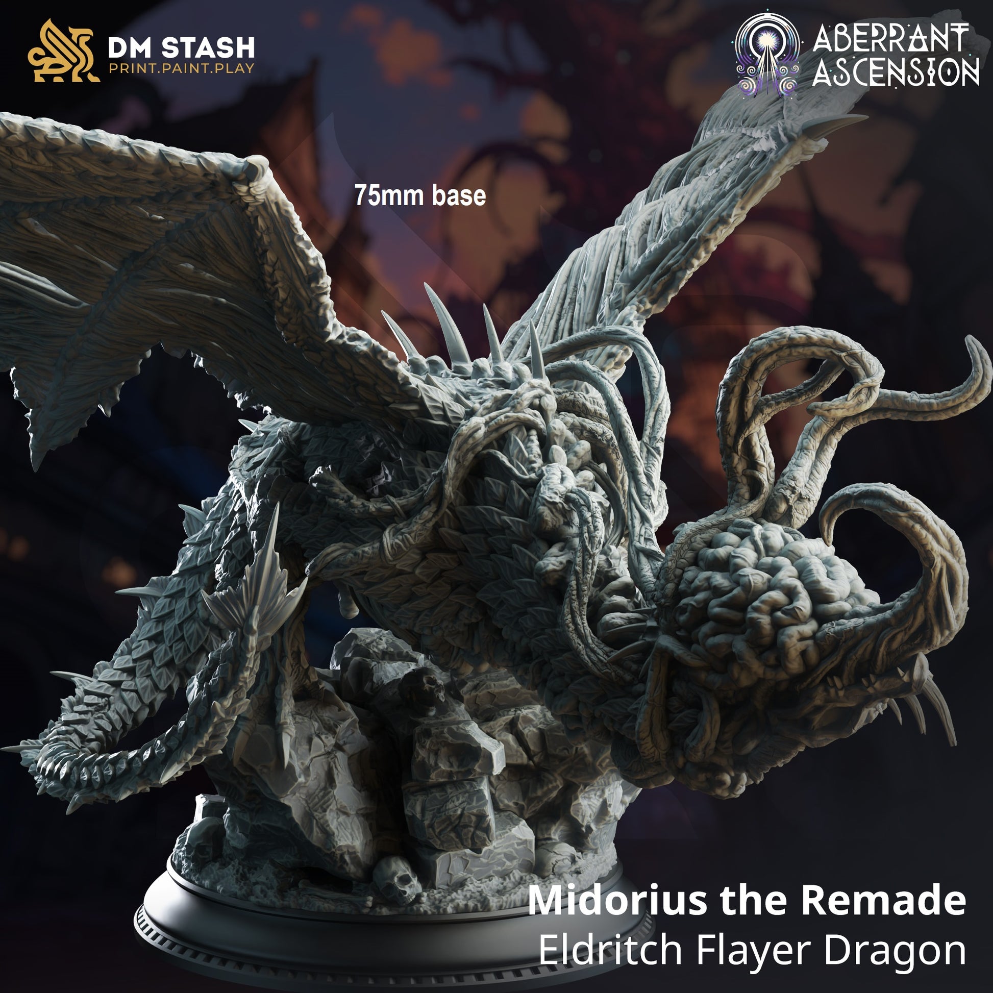Image shows a 3D render of an eldritch dragon gaming miniature