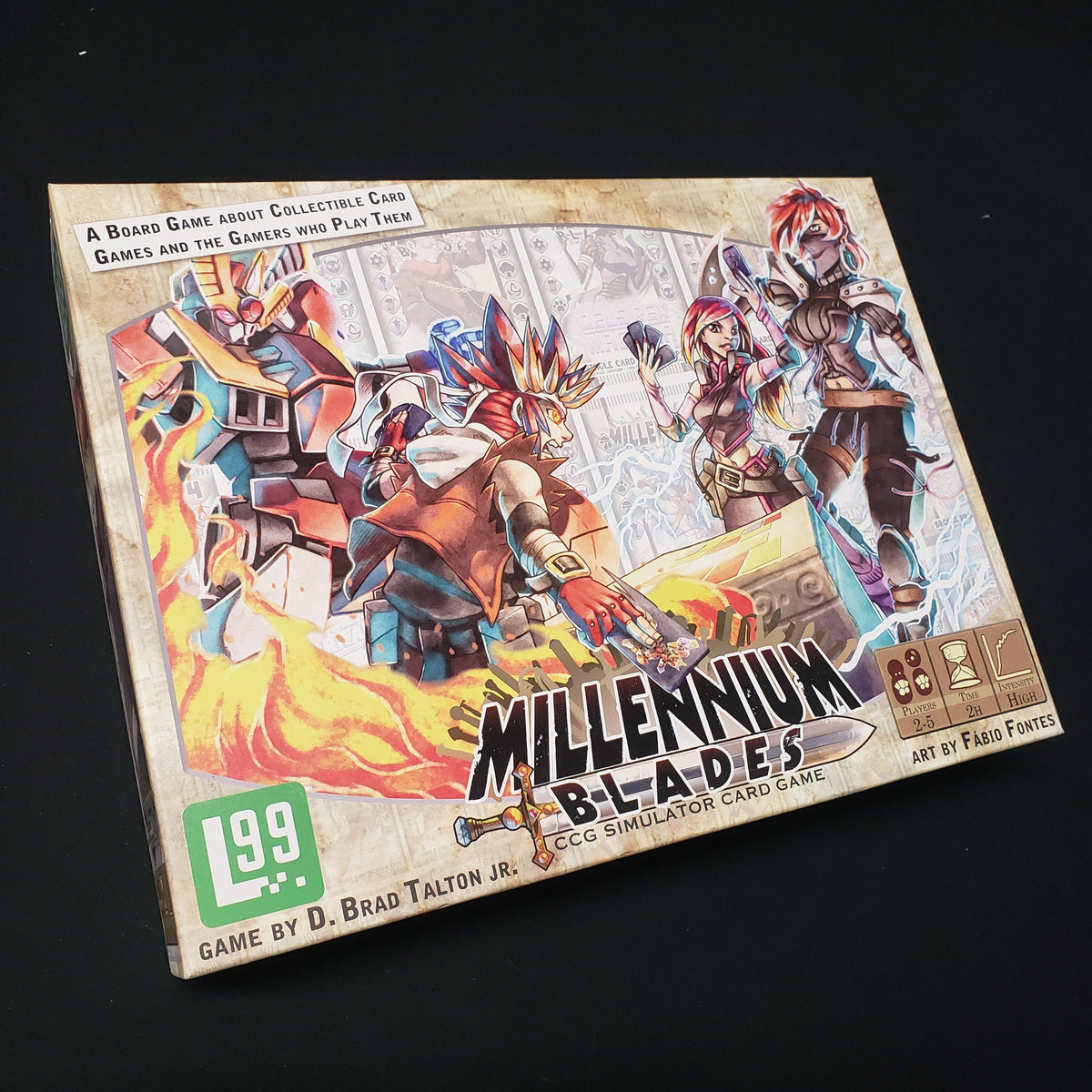 Image shows the front cover of the box of the Millennium Blades card game