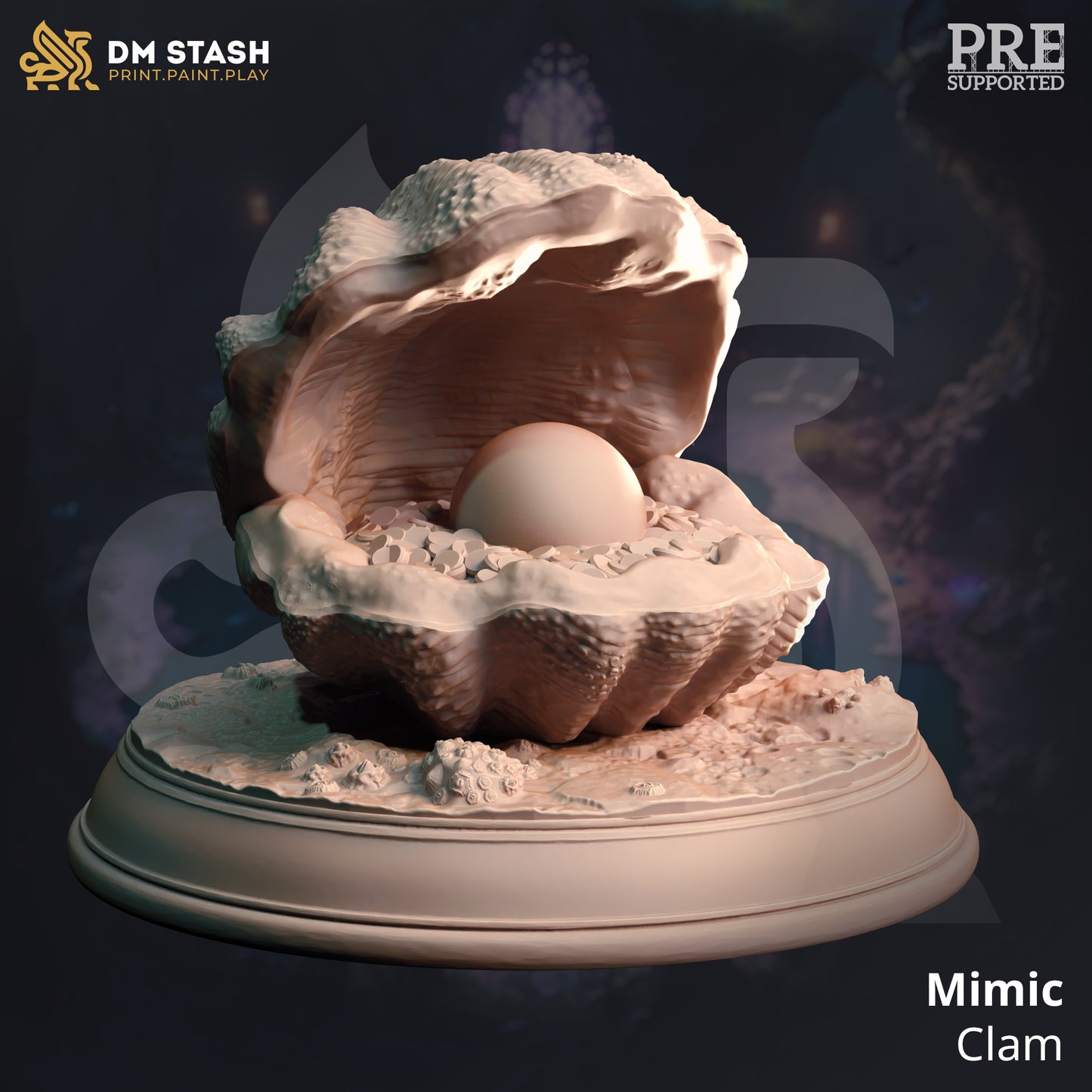 Image shows a 3D render of an open clam gaming miniature