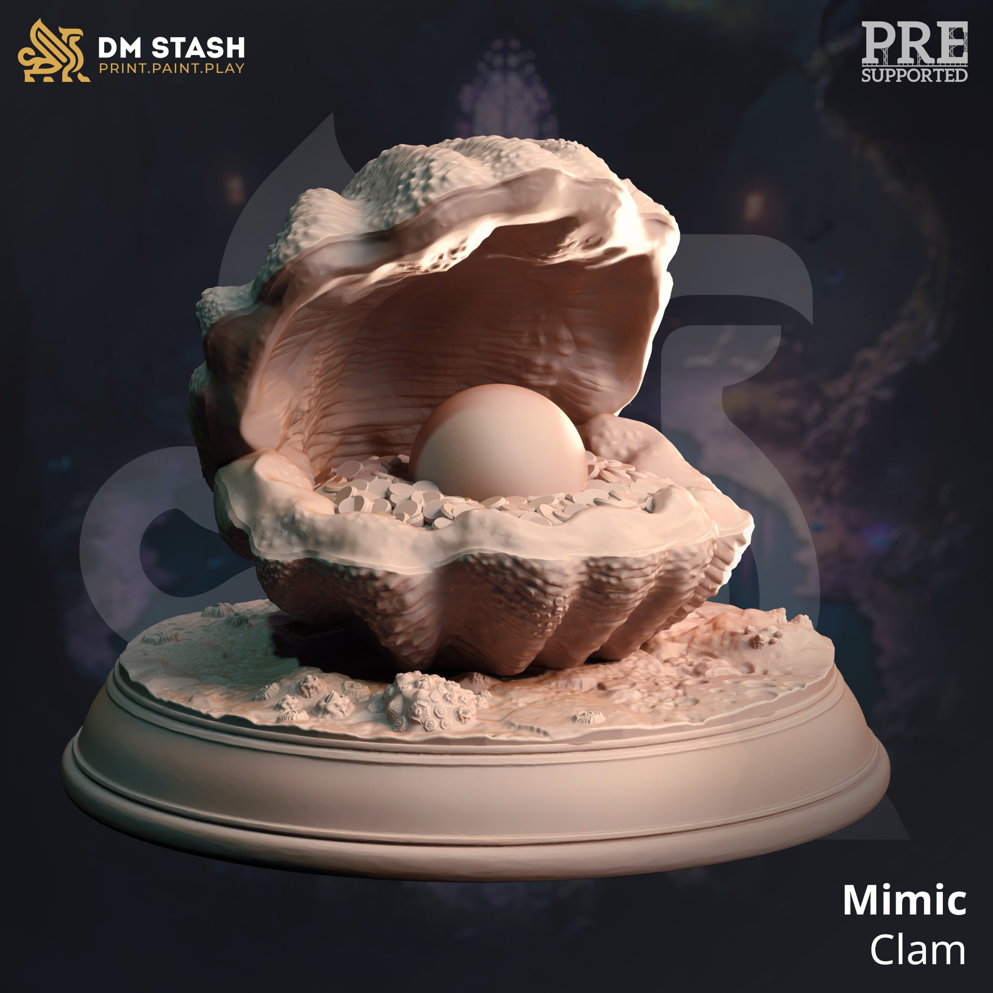 Image shows a 3D render of an open clam gaming miniature