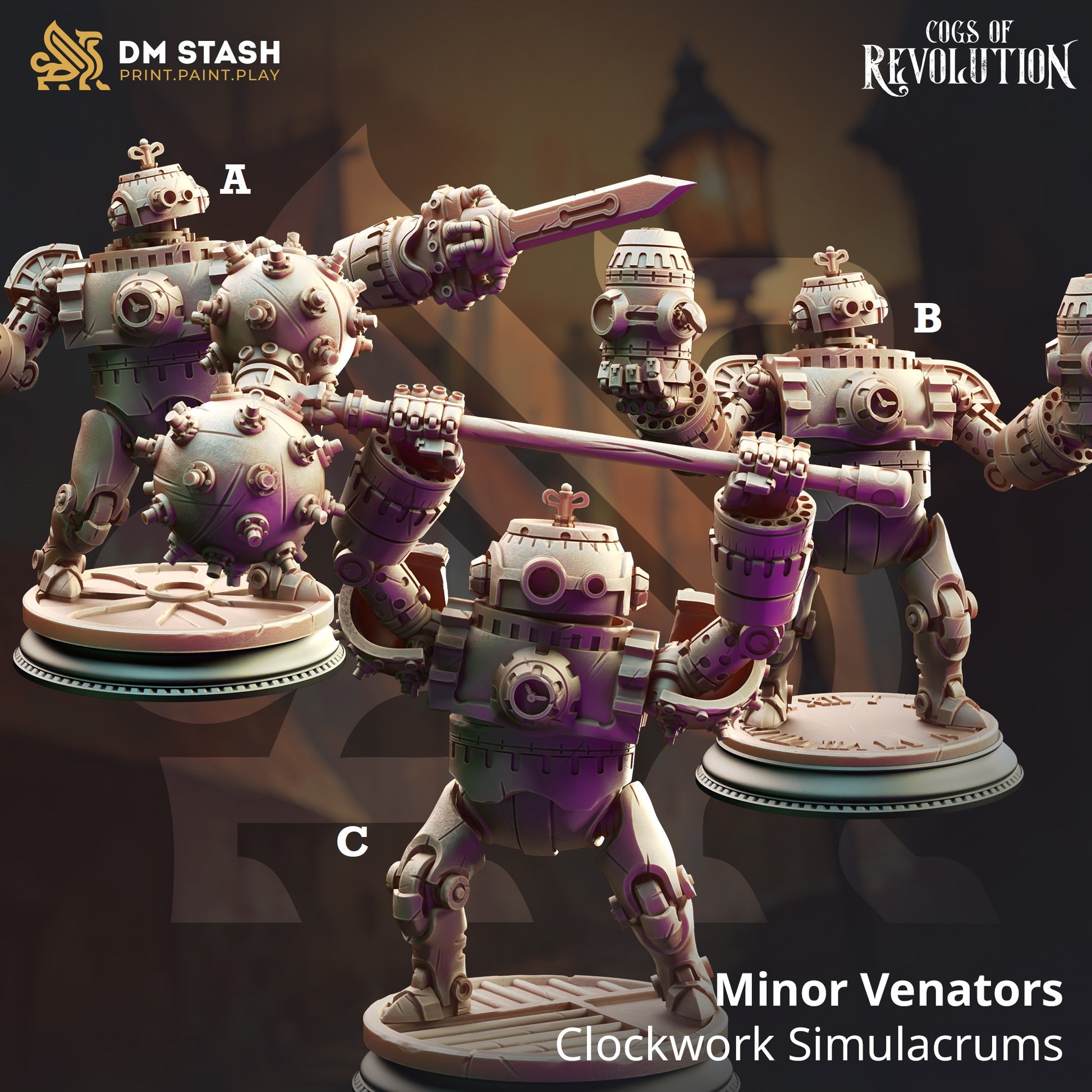 Image shows 3D renders for three different sculpt options of a steampunk golem gaming miniature.