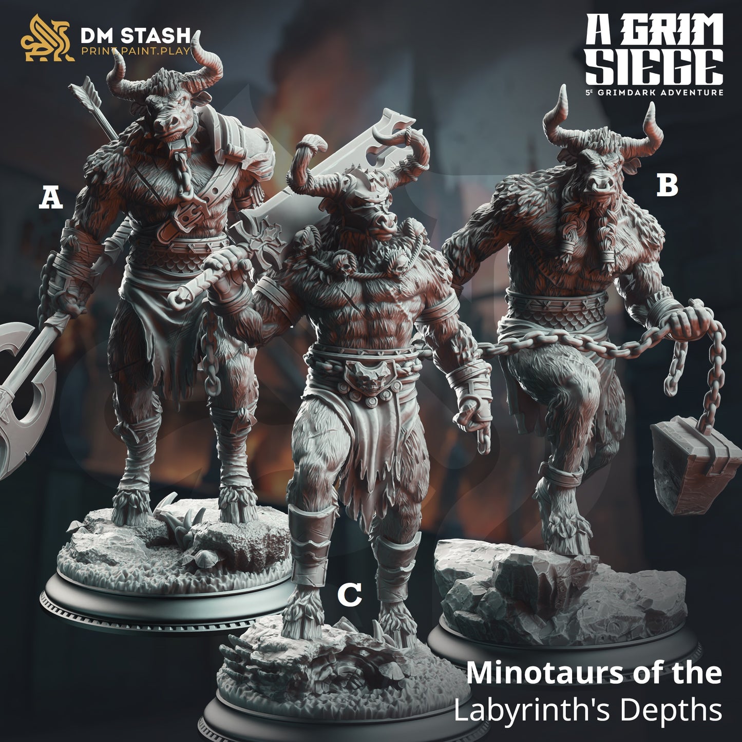 Image shows 3D renders for three different sculpt options of a minotaur gaming miniature.